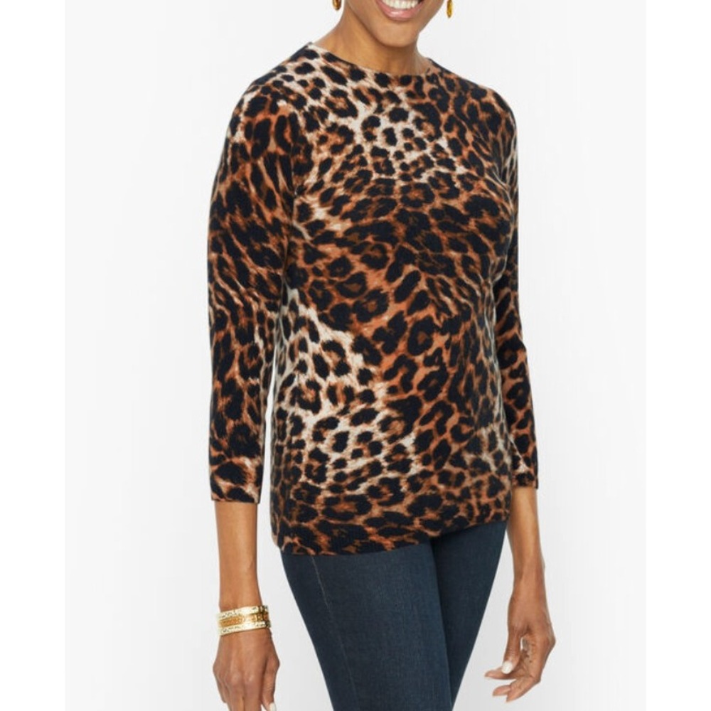 Talbots Pure Cashmere Audrey Leopard Print Crew Neck 3/4 Sleeve Sweater Brown M